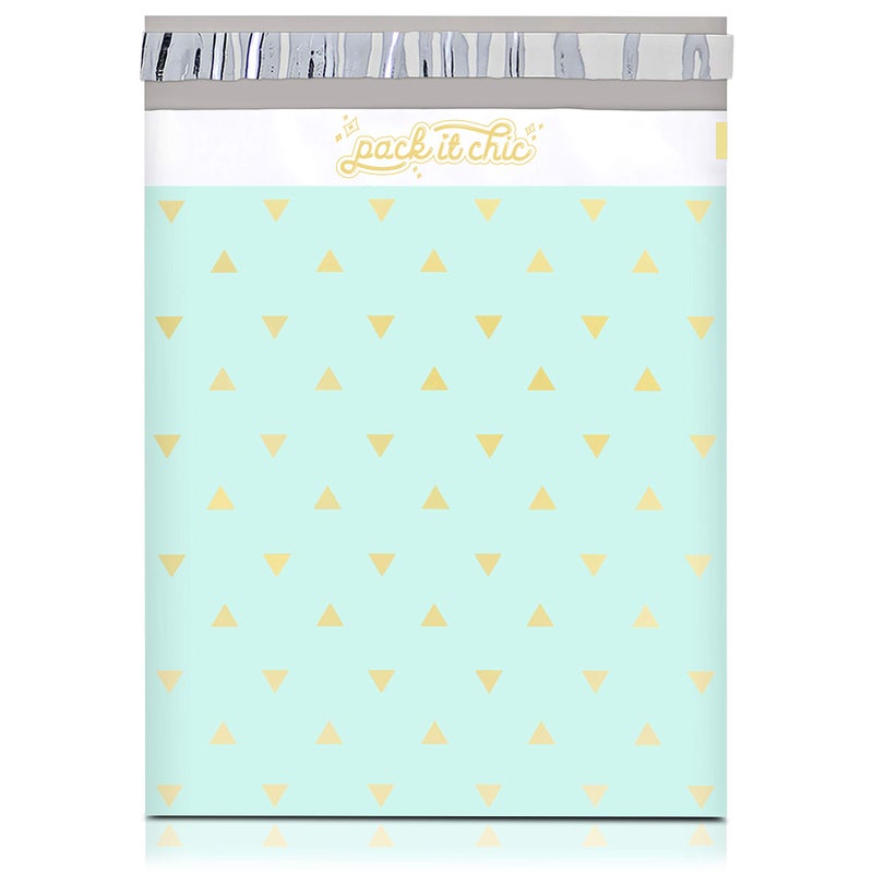 Pack It Chic - 10X13 (100 Pack) Mint Gold Triangles Poly Mailer Envelope Plastic Custom Mailing & Shipping Bags - Self Seal - Image 1